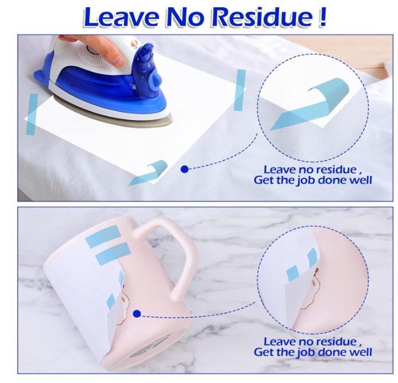 May include: The image shows a blue and white iron on a white surface, with a close-up of a blue tape being peeled off. Below, a pink mug has blue tape applied. The text reads "Leave No Residue!" and "Leave no residue, Get the job done well."
