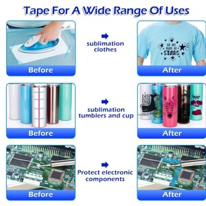 May include: An image demonstrating the uses of tape, including sublimation on clothes and tumblers, and protecting electronic components. The image shows before and after examples of each application, with text overlaying the image.