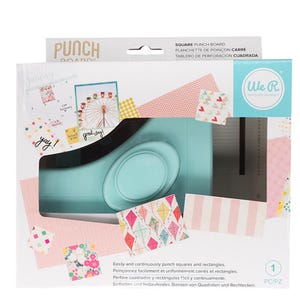 May include: A teal square punch board with the text "PUNCH BOARD" and "SQUARE PUNCH BOARD". The package includes sample paper squares and rectangles with various patterns. The text "We R memory keepers" is also visible.