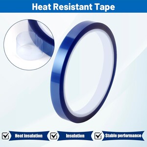 May include: A roll of blue heat-resistant tape with a white interior. The image includes a close-up of the tape and a small inset showing a section of the tape. Text at the top reads "Heat Resistant Tape".