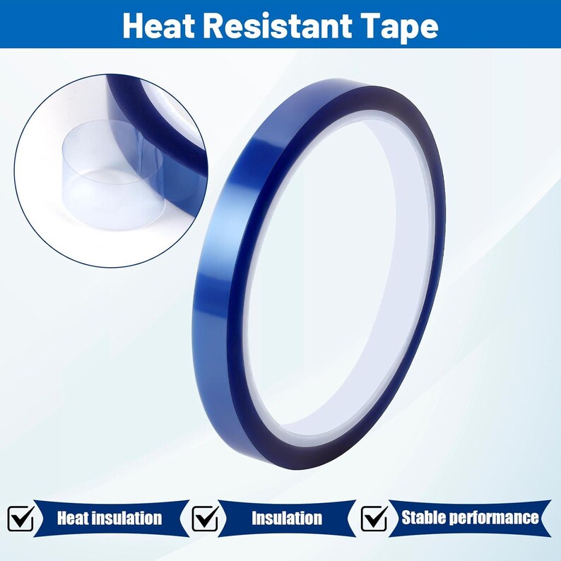 May include: A roll of blue heat-resistant tape with a white interior. The image includes a close-up of the tape and a small inset showing a section of the tape. Text at the top reads "Heat Resistant Tape".