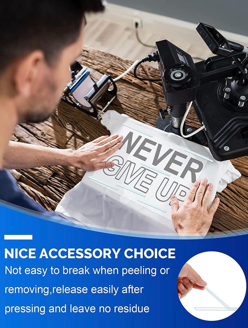 May include: A white t-shirt with the words "NEVER GIVE UP" printed in gray. The shirt is being pressed with a heat press machine. The image also includes the text "NICE ACCESSORY CHOICE".