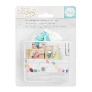 May include: A package of DIY Party pom pom makers in small, medium, and large sizes. The package includes a variety of colorful pom poms and a green party hat. The text on the package reads "Pom Pom Makers".