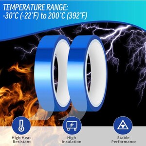 May include: Two rolls of blue tape with white interiors are featured against a backdrop of lightning and flames. The image includes text indicating a temperature range of -22&deg;F to 392&deg;F, and icons for high heat resistance, high insulation, and stable performance.