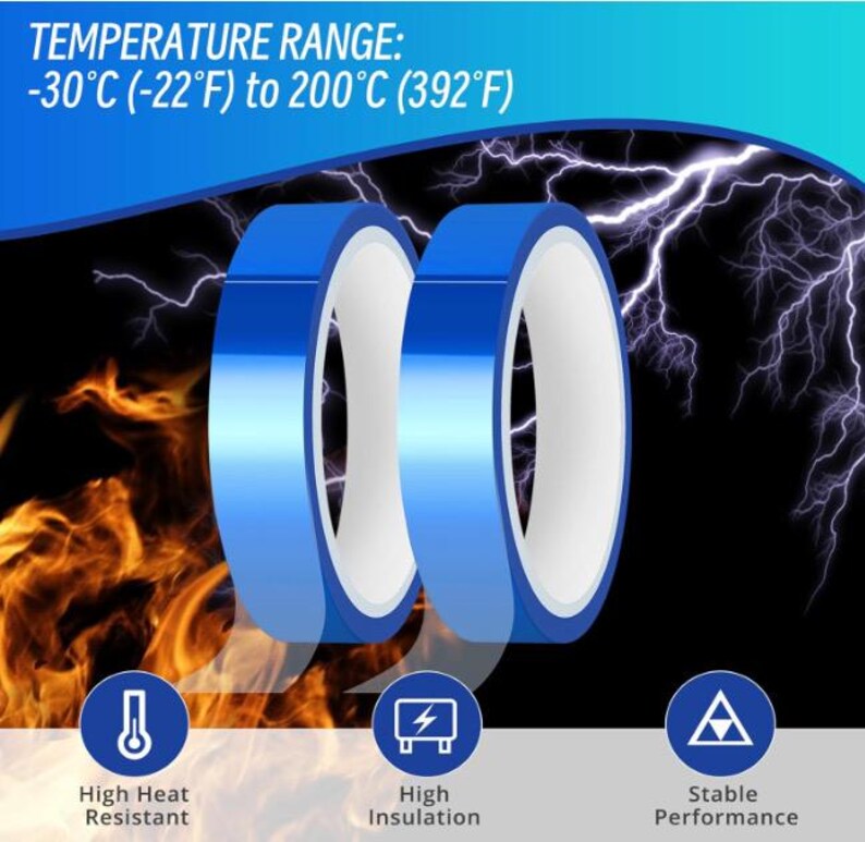 May include: Two rolls of blue tape with white interiors are featured against a backdrop of lightning and flames. The image includes text indicating a temperature range of -22&deg;F to 392&deg;F, and icons for high heat resistance, high insulation, and stable performance.