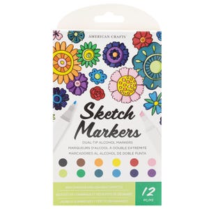May include: A package of 12 dual-tip alcohol sketch markers. The box features colorful floral designs and the words "Sketch Markers." The markers come in a variety of colors, with the text "Add Shadow and Gradient Effects" at the bottom.