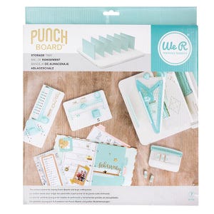 May include: A white storage tray with light blue dividers, and various craft tools. The packaging includes the text "PUNCH BOARD" and "We R Memory Keepers". The tools include a frame, banner, and tab punch.