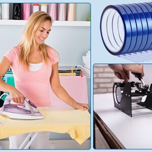 May include: A woman ironing a yellow garment on a blue ironing board. A roll of blue heat transfer tape is shown, along with a mug being printed with a photo using a heat press. Laundry and crafting supplies are in the background.