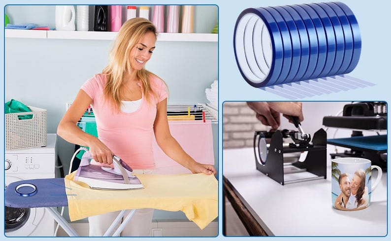 May include: A woman ironing a yellow garment on a blue ironing board. A roll of blue heat transfer tape is shown, along with a mug being printed with a photo using a heat press. Laundry and crafting supplies are in the background.