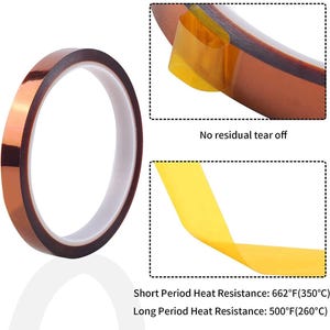 May include: A roll of brown heat-resistant tape with a white core. The image shows the tape's properties, including "No residual tear off." Text indicates short-term heat resistance of 662&deg;F (350&deg;C) and long-term resistance of 500&deg;F (260&deg;C).