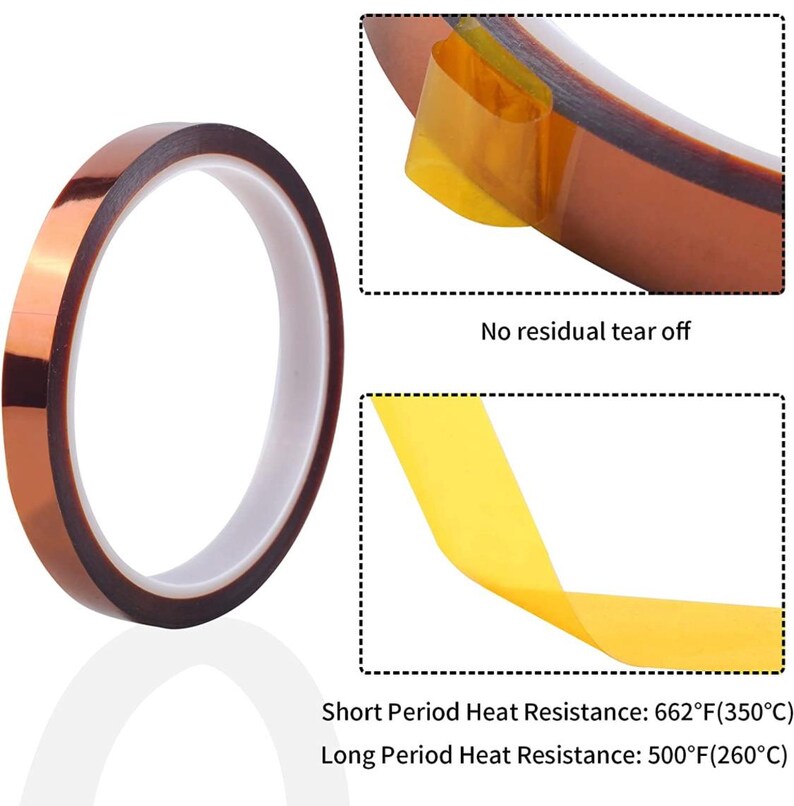May include: A roll of brown heat-resistant tape with a white core. The image shows the tape's properties, including "No residual tear off." Text indicates short-term heat resistance of 662&deg;F (350&deg;C) and long-term resistance of 500&deg;F (260&deg;C).