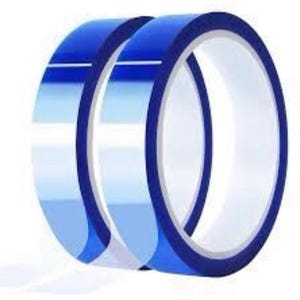 May include: Two rolls of blue painter's tape. The tape has a glossy, reflective surface with a dark blue edge and a white interior. The rolls are positioned side-by-side, with one slightly in front of the other.