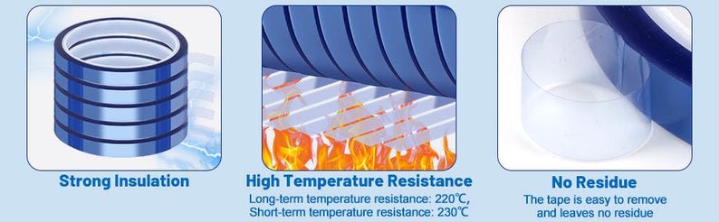 May include: Images showcasing blue tape rolls with text highlighting features: "Strong Insulation," "High Temperature Resistance" (220&deg;C long-term, 230&deg;C short-term), and "No Residue." The tape is easy to remove and leaves no residue.