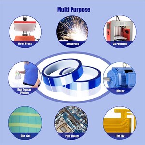May include: Image showcasing various applications labeled "Multi Purpose." Includes a heat press, soldering, 3D printing, heat transfer printing, a motor, die cut, PCB protect, and FPC fix. Two rolls of blue and white tape are in the center.