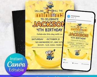 Editable Minions Birthday Invitation, Digital Kids Party Invite, Printable Birthday Invite, Boy birthday party invite