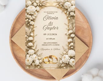 Elegante plantilla de invitación de boda floral beige / Invitación de boda bohemia neutra romántica / Tarjeta de boda editable e imprimible / Descarga instantánea