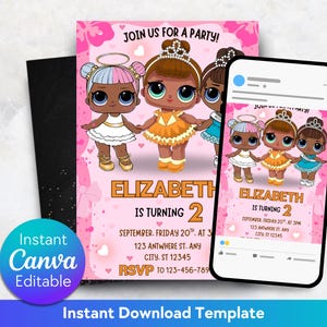 Puppen-Geburtstags-Einladung, Kinder-Geburtstags-Einladung, bearbeitbare kleine Puppe-Geburtstags-Einladung, rosa Puppen-Geburtstags-Party Einladung