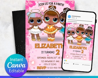 Doll Birthday Invitation, Kids Birthday Invitation, Editable Little Doll Birthday Invitation, Pink Doll Birthday Party Invitation
