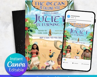 Invitación de cumpleaños de Moana, primer cumpleaños de Moana, invitación de cumpleaños de Moana editable, plantilla de invitación para fiesta temática infantil