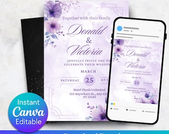 Invitación de boda en acuarela color lavanda, hermosa invitación floral, descarga digital para bodas elegantes, invitación floral lila imprimible