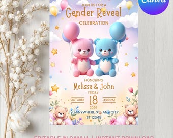 Plantilla de invitación para revelar el género de un osito de peluche, invitación para fiesta de revelación de género de bebé en tonos pastel rosa y azul, Canva editable, descarga instantánea imprimible
