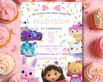 Invitación de cumpleaños editable de la casa de muñecas de Gabby, invitación para la fiesta de cumpleaños de Gabby, plantilla imprimible de Canva para niños, descarga digital