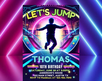 Invitación de cumpleaños editable de trampolín para niños, fiesta de saltos con castillo inflable, plantilla Canva, descarga instantánea
