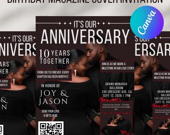 Invitación de pareja editable en Canva, imprimible para celebrar el 10.º aniversario, descarga instantánea.