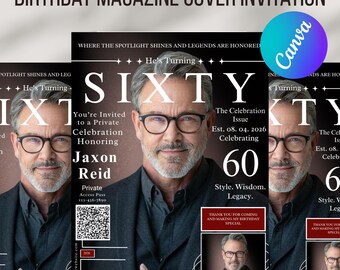 Invitación de portada de revista para 60 cumpleaños / Fiesta masculina, plantilla Canva, descarga digital