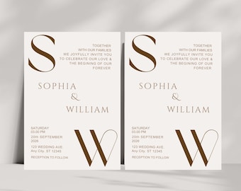 Plantilla de invitación de boda minimalista elegante, invitación con monograma moderno, tarjeta de boda con serifa dorada, paquete de boda editable, invitación imprimible