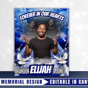 May include: Memorial design with a blue and white background, featuring a man in a black shirt. The text "FOREVER IN OUR HEARTS" arches across the top. The name "BRANDON ELIJAH JONES" is displayed at the bottom, along with dates.