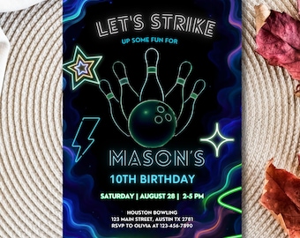 Invitación de cumpleaños editable de bolos, invitación a fiesta de bolos con brillo, cumpleaños de niño neón, ¡diviértete!, plantilla de Canva