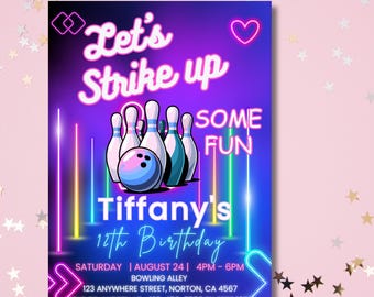 Invitación de cumpleaños de bolos neón, invitación para fiesta "Let's Strike Up", cumpleaños infantil de bolos luminosos, invitación de bolos para niñas, fiesta de cumpleaños para adolescentes