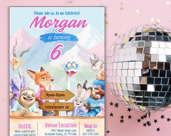 Invitación de cumpleaños editable de Zootopia 2, invitación para fiesta infantil de Animal City, tema de dibujos animados, descarga digital imprimible en Canva