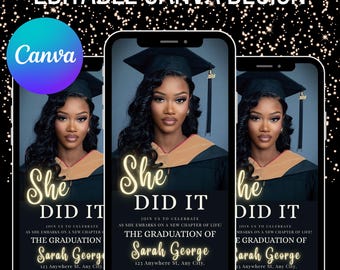 Invitación de graduación "Ella lo hizo", plantilla de invitación de graduación, plantilla de invitación para fiesta de graduación, invitación de graduación minimalista