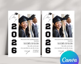 Plantilla de invitación con foto de graduación, tarjeta con foto de graduación, invitación a fiesta de graduación, descarga instantánea