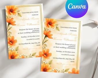 Plantilla de invitación de boda con flores naranjas, invitación de boda otoñal, invitación editable otoñal, tarjeta rústica floral imprimible