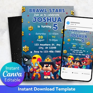 May include: A digital invitation for a Brawl Stars-themed birthday party. The invitation features a blue background with character illustrations and the text "Brawl Stars" and "Joshua is turning 5." The design includes stars and a Canva Editable logo.