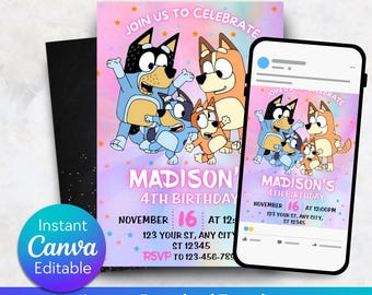 Editable Bingo Birthday Invitation, Editable bluey and bingo birthday invitation, bluey birthday party invite, bluey birthday invitation