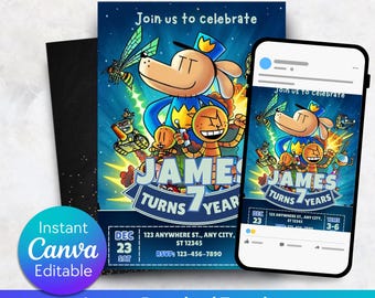 Puede incluir: Una invitación de fiesta de cumpleaños con un personaje de perro de dibujos animados, el texto "Join us to celebrate" y el nombre "James Turns 7 Years". La invitación está en la pantalla de un teléfono inteligente y en una tarjeta impresa. La invitación es editable en Canva.