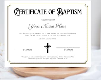 Modello di certificato di battesimo, certificato di battesimo modificabile Canva, modello di download immediato per il premio di battesimo della chiesa