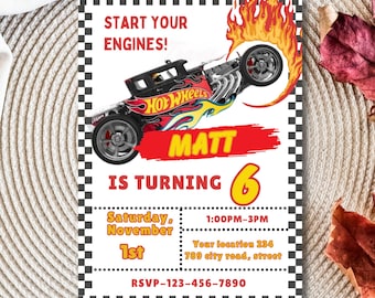 Plantilla editable de invitación de cumpleaños de Hot Cars, invitación a fiesta de carreras para niños, descarga digital de Canva de autos de carreras imprimibles.