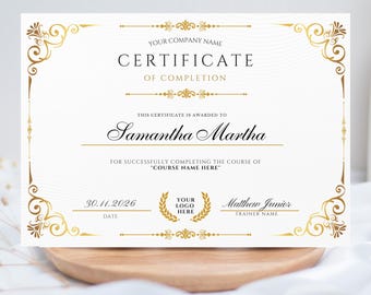 Plantilla editable de certificado de finalización / Premio de finalización de capacitación imprimible / Diploma personalizado en PDF de Canva