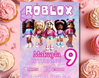 Invitación editable de cumpleaños de Roblox para chica, invitación para fiesta de chicas gamer, plantilla Canva de cumpleaños de Roblox para chicas, descarga digital