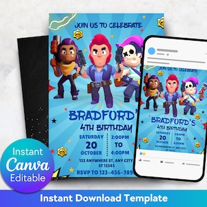 May include: A blue birthday invitation with cartoon characters holding weapons. The invitation reads "Bradford's 4th Birthday" with event details. A phone displays the same invitation. The words "Instant Canva Editable" and "Instant Download Template" are also visible.