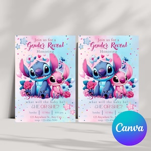 Niedliche blaue Alien Gender Reveal Einladung, rosa und blaue Baby Reveal Party einladen, bearbeitbare Cartoon-Babypartyvorlage
