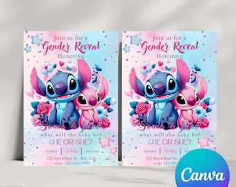 Invitación para revelar el género de un extraterrestre azul, invitación rosa y azul para fiesta de revelación de bebé, plantilla editable de dibujos animados para baby shower.