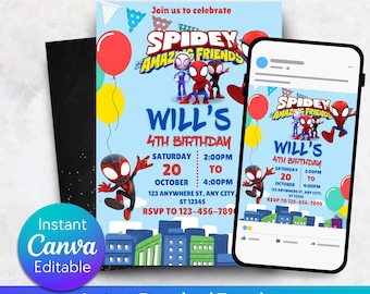 Edytowalne zaproszenie na przyjęcie urodzinowe z motywem akwareli Spidey i jego niesamowitych przyjaciół, zaproszenie na przyjęcie Spidey dla chłopca Spidey i jego przyjaciół, zaproszenie dla dzieci Spidey
