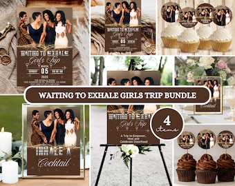 Paquete "Esperando un respiro" / Decoración editable para fiesta de chicas / Invitación descargable digital, adorno para cupcakes, póster de mesa y letrero de bienvenida
