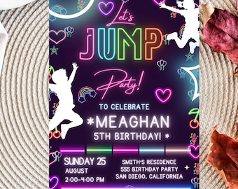 Plantilla de invitación para fiesta de neón Let's Jump / Invitación de cumpleaños con brillo / Invitación editable para evento de neón de Canva